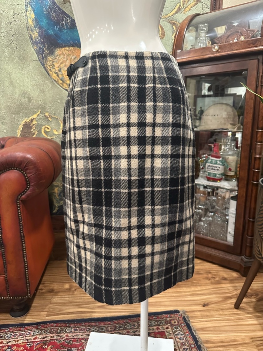 Eddie Bauer Legend Wool Blanket Skirt Plaid Fringe Wrap Mini Kilt Gray Black 8 - Picture 6 of 13